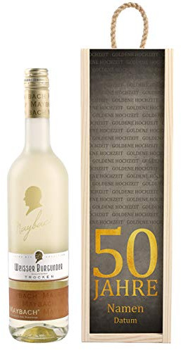 Herz & Heim® Maybach Wein-Geschenk zur Goldenen Hochzeit mit personalisierter Weinkiste - Weißwein zur Auswahl Weißer Burgunder