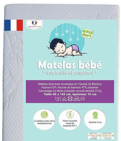 Easy Dort Matelas bébé 60x120 cm pour Lit Parapluie Viscose de Bambou Été & Hiver Épaisseur 10 cm Double Face Fabriqué en France