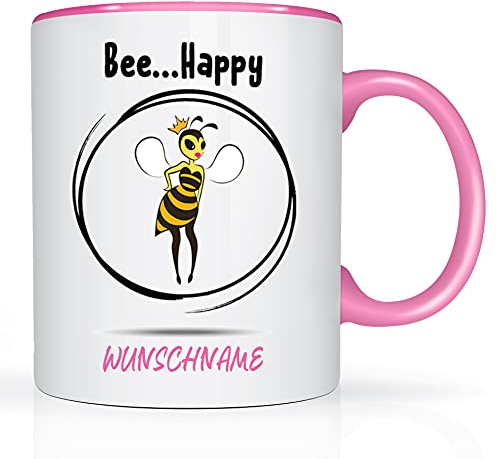 Tasse mit Namen und Bienen Motiv Bedruckt Namentasse Namensbecher Bienenmotiv für Mädchen Kindertasse Keramiktasse Weiß/Rosa Geschenktasse Geschenkbecher Spruchtasse Keramik mit Druck Tasse 330ml