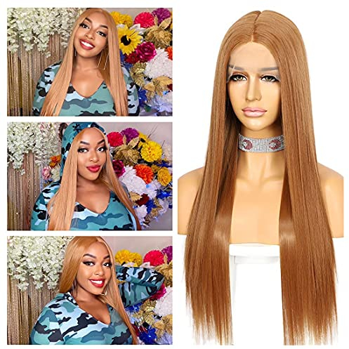Sapphirewigs Blond Lange gerade Perücke für Frauen Spitze vorne Perücken mit mittelTeil japanische synthetische Perücke 150% Dichte hitzebeständig 24inch
