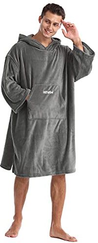 Hiturbo Bademantel, Damen Herren Robe, Unisex, Einheitsgröße, Warmer Weicher Fleece Mogenmantel mit Kaputze, für Strand, Schwimmbad, Zuhause
