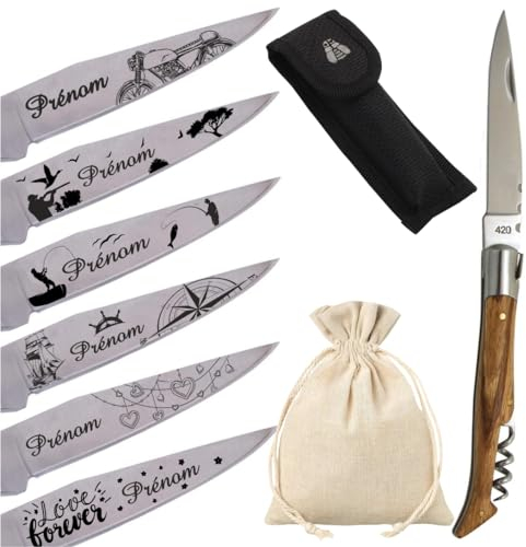 Couteau personnalisé avec prénom gravé - Cadeau pour homme ou femme : fête des pères, fête des mères, papa (papi, papy), maman anniversaire, noël - Frêne exo TB