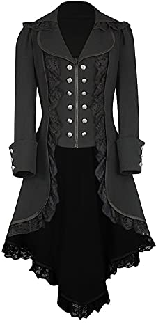 EMATOP Gothic Kleidung Damen Winter Mäntel Vintage Steampunk Jacke Frauen Halloween Kostüm Mittelalter Winterjacke Viktorianischen Cosplay Kostüm Smoking Uniform Einfarbig Frack Wintermantel