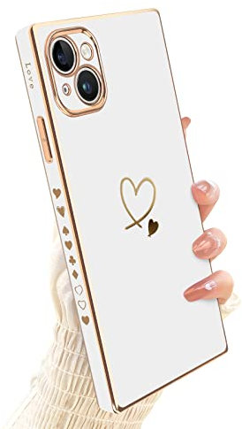 Newseego Compatible with iPhone 14 Plus Case, Square Cute Plating Love-heart Pattern 14 Plus Phone Case for Women Girls TPU Shockproof Full Camera Lens Protection iPhone 14 Plus Case + Chain -White
