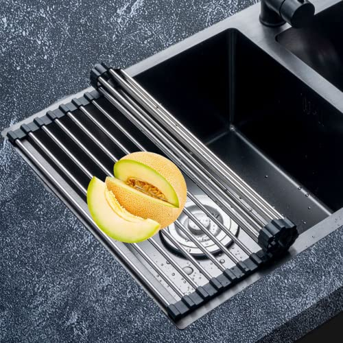 SANBER 43cm*35cm scolapiatti da appoggio,scolapiatti, scolapiatti da lavello,griglia lavello in acciaio inox, scolapiatti da appoggio per lavello,scolapiatti pieghevole,per cucina (Nero)