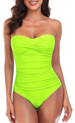 RELLECIGA Women's Tummy Control Swimwear Strapless One Piece Swimsuit for Women, Neon Green, Medium, R7013-403M
