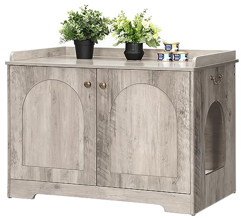Hzuaneri Katzenschrank mit Griffen, Katzentoilette, Katzenklo Schrank, Katzenhaus mit Tür, Hölzerner Beistelltisch für das Haustierhaus, 50 x 80 x 57cm, Stabile Katzenschrank, Greige CB05705X