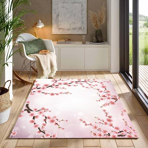 ITOMEN Japanische Kirschblüten Teppich Kinderteppich Modern 3D Pinke Blumen Teppich Kinderzimmer Kurzflor Teppiche rutschfeste Spielteppiche für Schlafzimmer Wohnzimmer Zimmer 60x90 cm