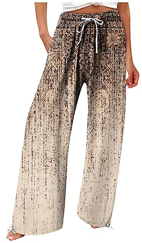 Vasreyy Cargo Hosen Frauen Ski Hosen Für Frauen Damen Hosen Weites Bein Drucken Baumwolle Linen Palazzohose Mit Kordelzug High Taille Strandhose Mit Elastischen Knöcheln Mom Jeans (Brown, M)