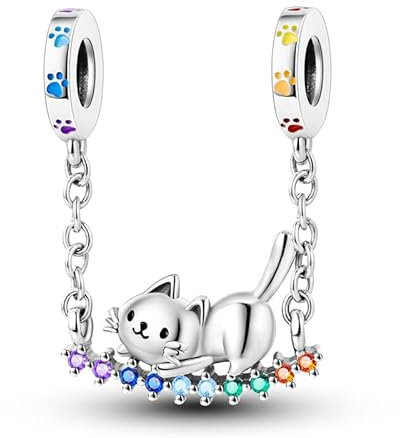 CYCUFF Sterling Silber Charms 925 für Europäische Armband & Halsketten Anhänger Perlen Schmuck Geschenk für Frauen Familie Freunde (Katze Regenbogen Swing Charm)
