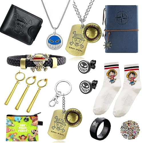 XHBTS 65 Set konform One Piece Ohrringe Ring Socken Brieftasche Armband Anime Armbänder Halskette Schlüsselanhänger Notebooks und Anime Aufkleber für Männer Jungen Kappe Cosplay