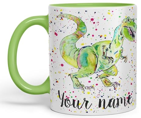 Vixar Personalised with Your Text Dinosaur Tyrannosaurus T-Rex Art Coloured Ceramic Mug Cup Gift 330ml 11oz Custom Work Office Tea Coffee (L Green)