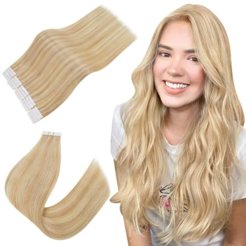 Easyouth Blond Echthaar Extensions Tape 35 cm Echthaar Tape Extensions Haarverlängerungen Echthaar Honigblondes Highlights Hellblond Extensions Echthaar Tape Remy 40g #P27/613 20pcs