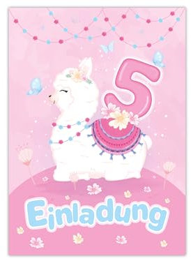 Limonia 10 Einladungskarten zum 5. Kindergeburtstag Einladung Geburtstag Mädchen Tiere Kamel Lama Alpaka Lama-Motiv blau rosa