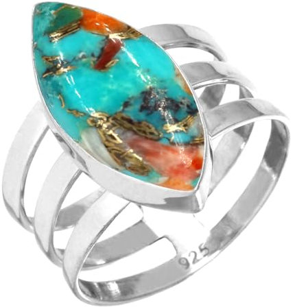Jeweloporium Multicolor Spiny Oyster Silberring Größe 68 (21,6), 925 Sterling Silber Ring für Damen, Echter Marquise Stein Boho Schmuck