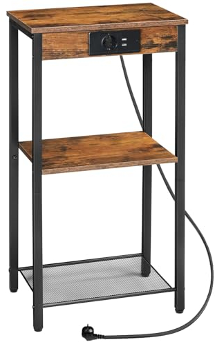 HOOBRO Beistelltisch mit Ladestation, Telefontisch mit 3 Ebenen, Kleiner Nachttisch, Sofatisch für Wohnzimmer, Schlafzimmer, Flur, Vintagebraun und Schwarz EBF09CDH01