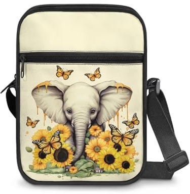 KUIFORTI Umhängetasche für Damen und Mädchen, niedliche Schultertasche, Handtasche, Reißverschluss, kleine Kuriertasche, Sonnenblume Elefant, Einheitsgröße