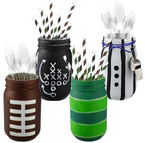 Yousoontic Einmachgläser mit Sportmotiven, Dekoration, 482 ml, Fußball-Maurerglas, Mittelstück für Tischfußball, bemalte dekorative Gläser, Fußball-Fan, Geschenk für Geburtstagsparty, Badezimmer,
