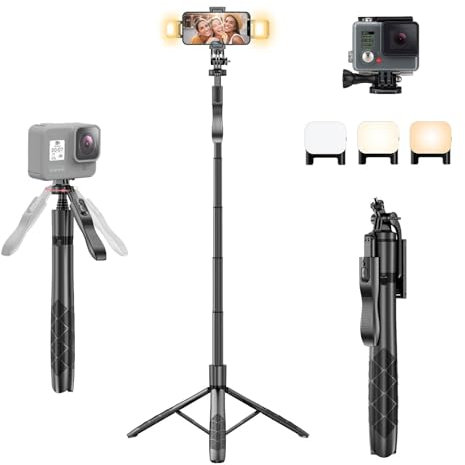 Phone Tripod Selfie Stick with Light - 62 Extendable Tripod for Phone&Camera with Light and Wireless Remote Control Portable Aluminum Tripod Stand for Recording Compatible with Phone Android Camera