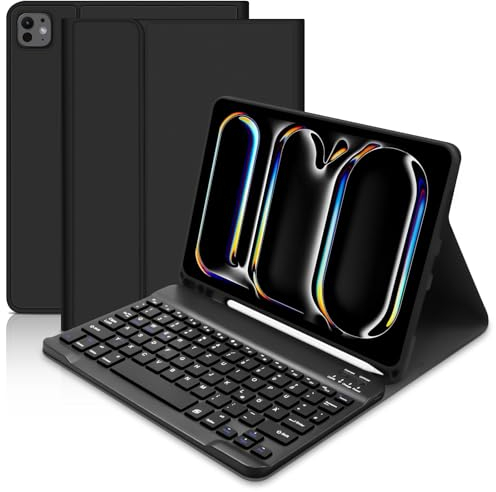Hülle Mit QWERTZ Deutsches Tastatur für iPad Pro 11 Zoll (2024), Slim Schutzhülle Mit Wireless Abnehmbare Tastatur und Pencil Halter für Pro 11 M4 5th Generation-Schwarz