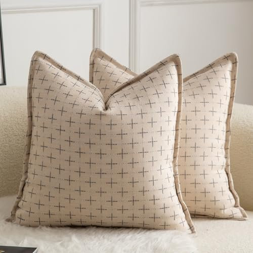 Mandioo 2er Set Kissenbezug Hanftuch Weben Textur Modern Bauernhaus Kissenbezüge Kissenhülle Dekorieren Zierkissenbezug Sie Wohnzimmer Sofa Schlafzimmer Bett 45x45cm Grau weiß