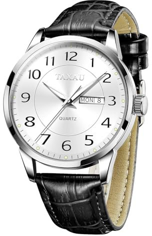 Taxau Mens Watches Leather Strap - Classic Fashion Analog Quartz Men's Watches Big Dial Dress Watch with Date Wrist Watch for Men