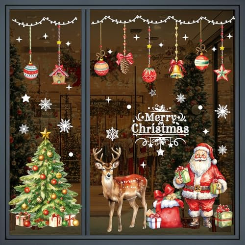 Edonkvi Stickers Noel Fenetre 86 PCS, Autocollant Vitre Electrostatique XXL Decoration Interieur Maison, Reutilisable Deco Vitrophanie Flocon de Neige Grand Format, Aquarelle PVC Arbre de Noël Renne
