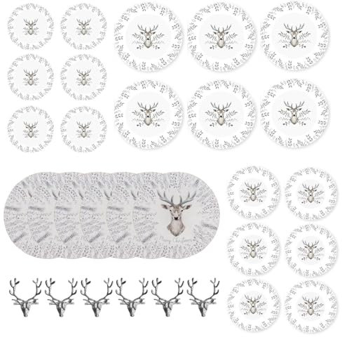 Christmas Tableware Set for 6 Silver Stag Design Festive Table Decoration Dinner Plate, Side Plate, Bowls, Napkin Rings - 30pc