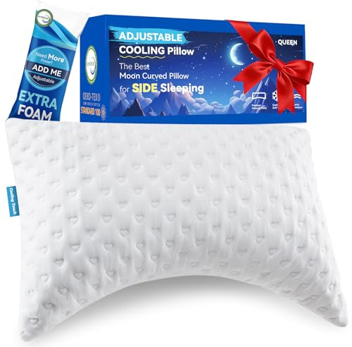 btasleeep Side Sleeper Pillows for Neck & Shoulder Comfort - Ergonomic Curved Crescent Design, Adjustable Shredded Memory Foam, Cooling & Soft Cover, Extra Fill Included, Queen Size