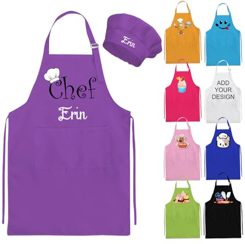 Nevaou Delantal y sombrero de chef personalizado para niños, delantal con nombre para cocinar, hornear, cocina, pintura, regalo para niños y niñas