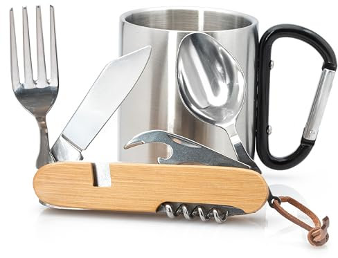 Wander Set – Taza de acero inoxidable con mosquetón y cubiertos de senderismo – Navaja de bolsillo con tenedor, cuchara y cuchillo y más
