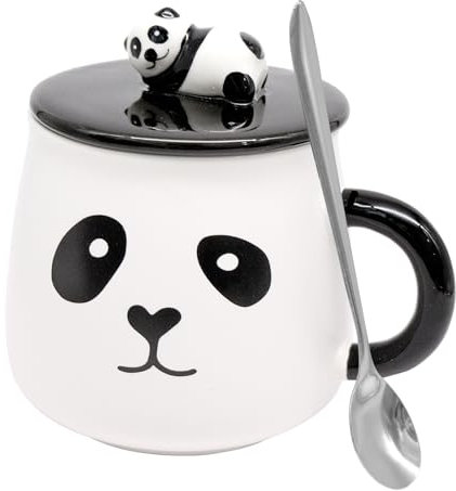 HVIHWI Panda Mug Cute Ceramic Coffee Mug with Lid and Spoon, 400ML Novelty Coffee Tea Cup 3D Panda Coffee Mugs Birthday Gifts for Women Girls Boys Her Wife Mum Grandma Teacher Friend