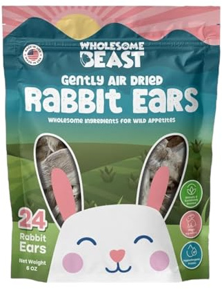 Wholesome Beast Air Dried Furry Rabbit Ears for Cats & Dogs, Mixed Ear Sizes- Whole Fur on Rabbit Ears Dog Treats, (24 Count)