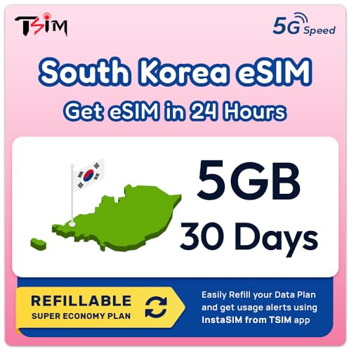 Südkorea eSIM | 30 Tage | 5GB | Nachfüllbarer Tarif | 5G Geschwindigkeit | Hotspot | Nur-Daten. QR-Code Wird innerhalb von 24 Stunden gesendet, scannen zur Aktivierung, Keine Telefonnummer enthalten