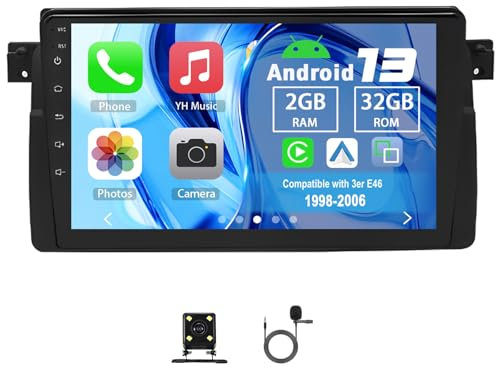 Slakerbe Android 13 Autoradio 2 Din mit Carplay Android Auto kompatibel mit 3er E46 1998-2006, 2G+32G 9 Zoll Auto Radio Stereo mit Bluetooth Navi WiFi FM RDS Rückfahrkamera