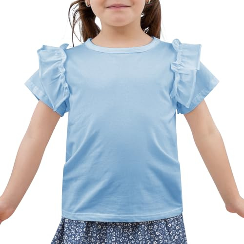 KAKU NANU Maglietta Bambina T Shirt Tinta Unita 3-10 Anni Cotone Ruffle Top Estivi Ragazza Bianca Rosa Azzurra Gialla Viola Regalo