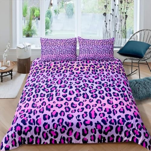 Loussiesd Imprimer Léopard Housse de Couette 220x240cm Filles Rose Violet Gépard Imprimer Parure de Lit Thème Animal Sauvage Literie Set pour Fille Adolescents Femmes Décor de Chambre Parure de Lit