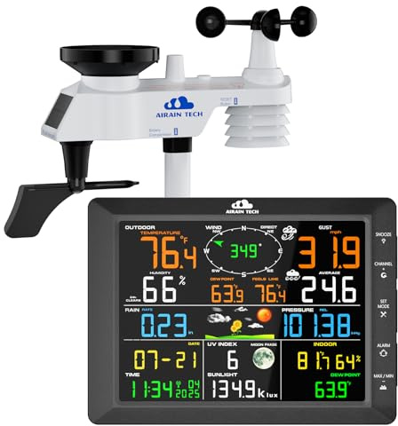 AIRAIN TECH 14-in-1 Wireless Weather Station with Outdoor Wireless Sensor,Radio-Controlled Clock,Rain Gauge,Wind Speed/Direction,Moon Phase,Wind Chill Index,Outdoor Dew Point,Barometer(NO WiFi)