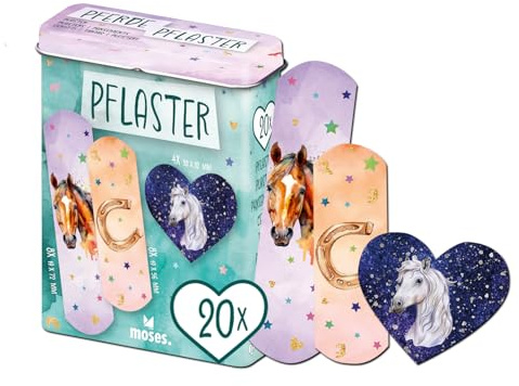 moses. Horse Plasters – 20 Children's Plasters in 3 Sizes with Horse Motifs, Elastic and Breathable, Adhesive Plasters in Practical Metal Plaster Box, for Small Wounds, Ideal as