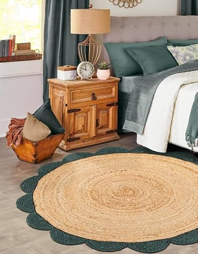 Mrida Weave 2 Ft Round Green & Natural Jute Premium Scalloped Jute Rug – Handcrafted Braided Natural Braided Carpet for Living Room, Bedroom, Entryway – Boho Home Decor