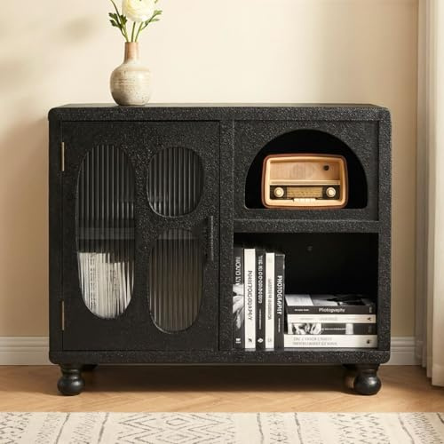 Ya-Home Storage Cabinet Stylish Small Side Cabinet with Wooden Legs, Accent Sideboard with Open Shelf for Living Room, Black