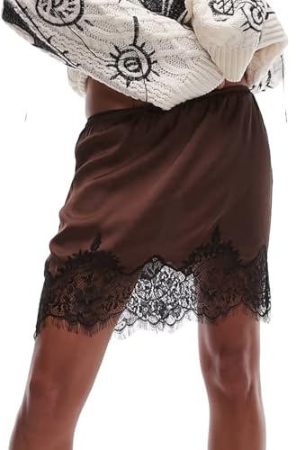 Womens Half Slip Underskirt Silky Satin Frilly Lace Hem Petticoat Elegant Half Body Inner Skirt Above Knee Underskirt (Elegant Dark Brown, XL)