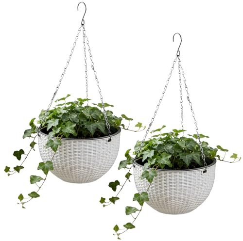 PORFOYO Set di 2 vasi da fiori pensili per piante, 16,5 cm, in plastica, con foro di drenaggio e catena, per interni ed esterni, colore: bianco