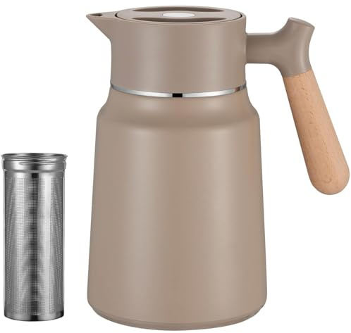 VETIN Thermoskanne mit Teesieb 1,5L aus 304 Edelstahl, Kaffeekanne Thermo | Auslaufsicher, 10 h Heiß & 16 h Kalt, für Tee, Kaffee und Kalte Getränke (Khaki mit Teesieb)