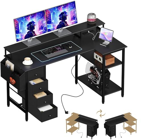 Yaheetech Corner Gaming Desk with Drawers, 140x70cm L Shaped Computer Desk with Power Outlets, Office Desk with Raised Monitor Stand, Reversible Storage Shelves for Home Office, Black