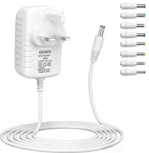 12V 2A Power Supply Adapter, Universal AC to DC Power Adapter, UK 3-Pin Wall Plug with 8 Interchangeable DC Tips, 1M Extra Long Cable for CCTV Camera, LED Strip, Router, Monitor (White, 2A)