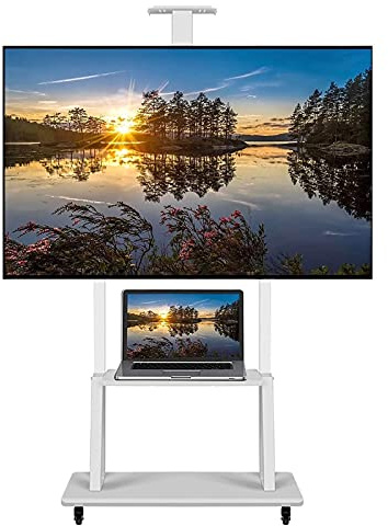 DUANHOZ Meuble TV Blanc sur roulettes pour téléviseurs de 32 à 70 Pouces, Chariot TV Roulant Universel à 3 étagères, Support TV Roulant pour Salon, Salle de réunion ou Chambre, d