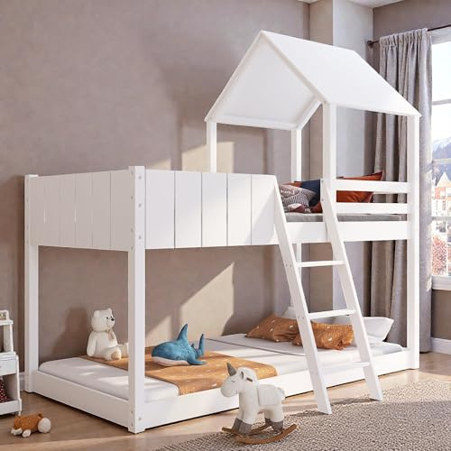 SUQOO 3 FT Single Wooden Bunk Bed with Treehouse Canopy, Ladder and Guardrail, Pine Wood Loft Bed Frame