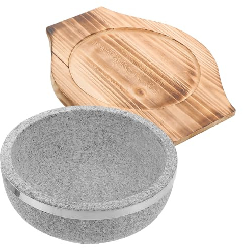 VOSAREA Bol en Pierre Naturelle Coréenne 800ml avec Plateau en Bois, Bol de Soupe Coréenne Léger et Résistant la Chaleur Cuisine Maison