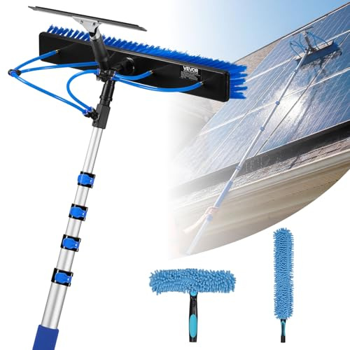 VEVOR Kit de Limpieza de Paneles Solares con Pértiga Telescópica 4,6 m, Suministro de Agua, Escobilla de Goma, Cabezal Giratorio 180°, Kit de Cepillo de Limpieza para Paneles Solares con Manguera 20 m